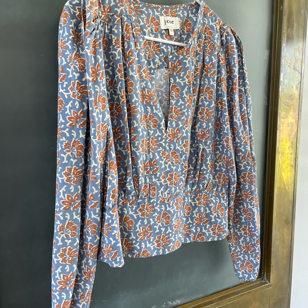 Joie Floral Puff Sleeve Blouse Blue Rust Size Large - Picture 3 of 9
